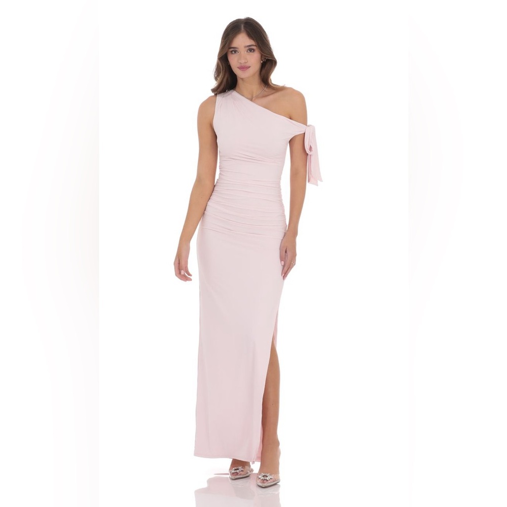 Off Shoulder Tie Strap Maxi Dress in Pink